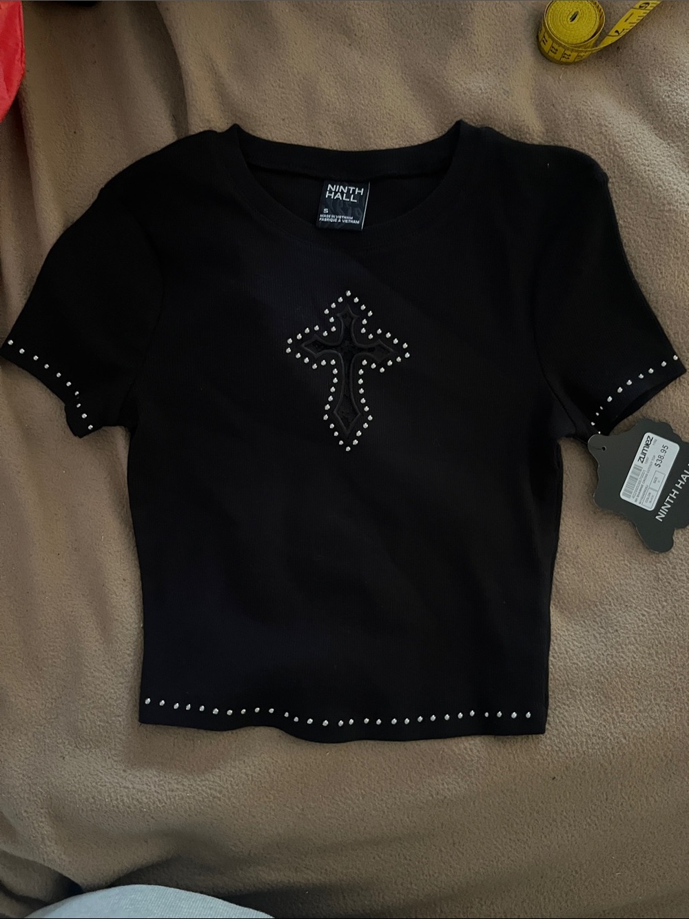 Ninth Hall Black Cropped Studded Cross Tee